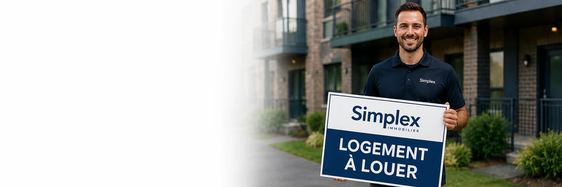 Conseiller Simplex devant un immeuble résidentiel avec une pancarte Logement à louer