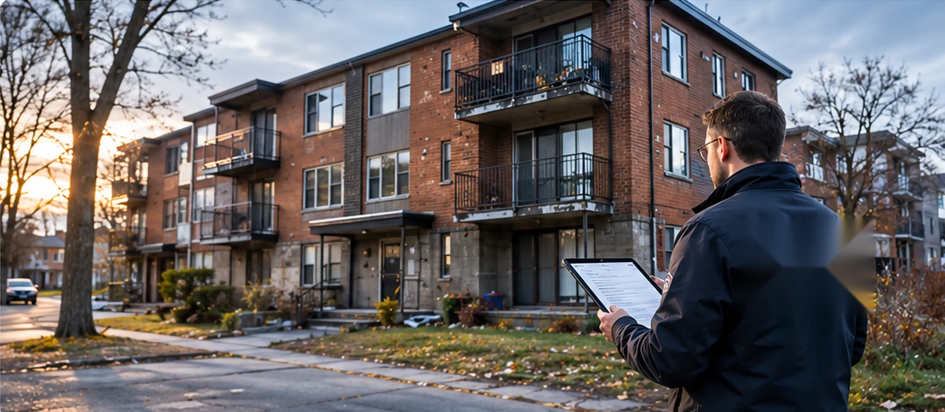 Intervenant inspectant un immeuble résidentiel avec une tablette